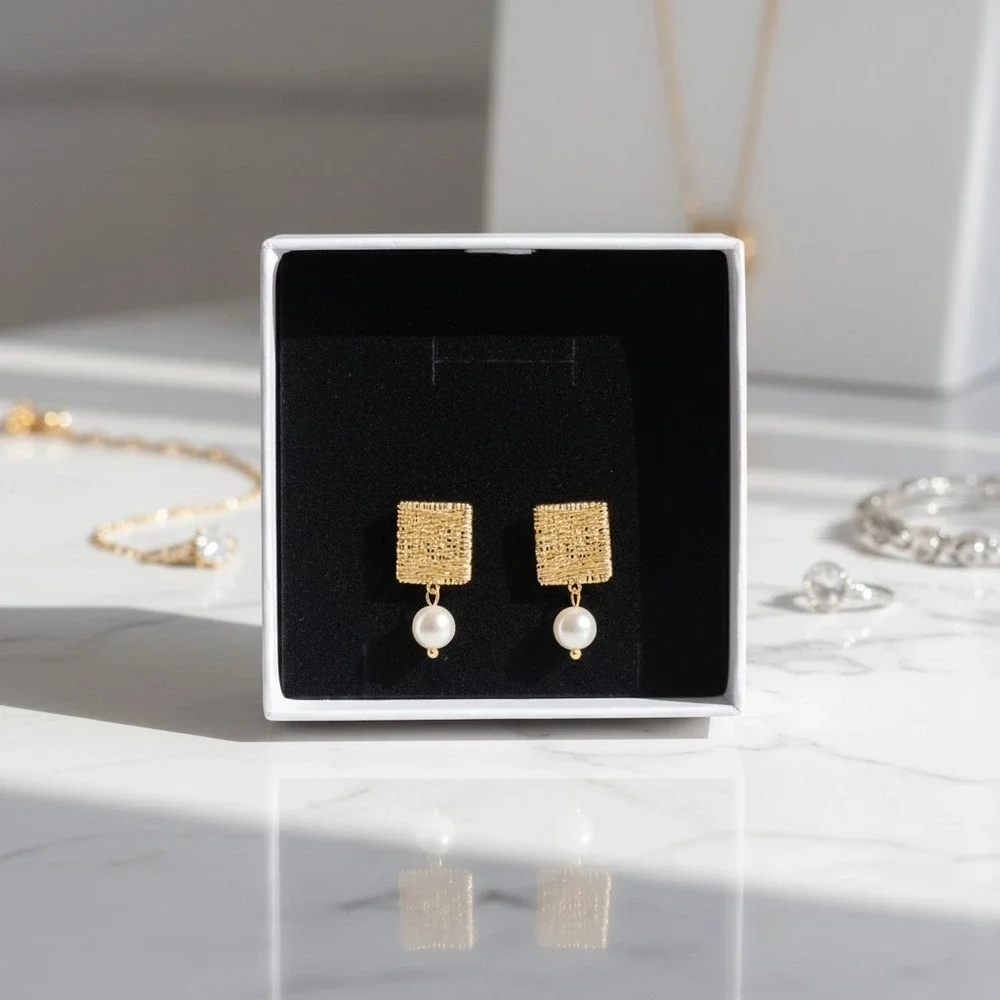 Accent Gold Textured Square Dangle‎ Drop Earrings Freshwater Pearl Jewelry